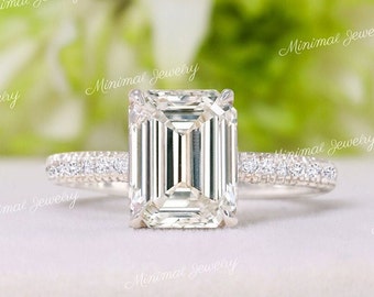 2.5CT Emerald moissanite engagement ring,hidden halo,3 row pave,claw prong,unique emerald cut moissanite ring,14k white gold,wedding ring