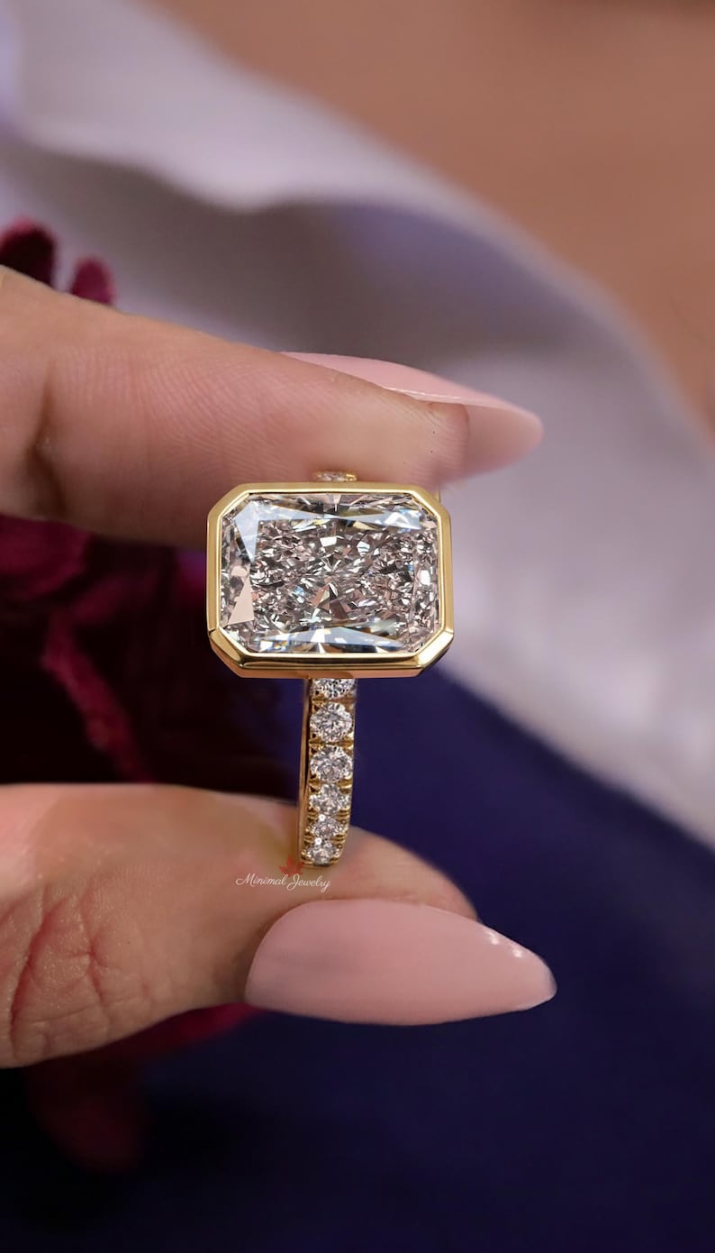 4CT Radiant Cut Lab Grown Diamond Ring Cathedral Bezel Set Engagement ...