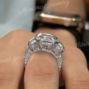 11.6 TCW 3 stone Emerald cut moissanite engagement Ring,unique celebrity style,large Three stone moissanite,hidden halo,3 row wedding ring