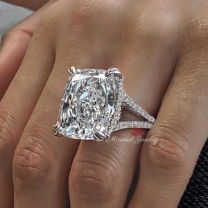cushion cut moissanite engagement ring hidden halo split shank large 19.5 CT crushed ice moissanite elongated cushion solitaire wedding ring