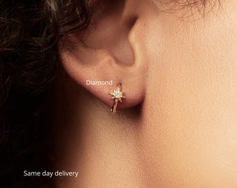 14K Gold Star Huggie Hoop Earrings, Diamond Starburst