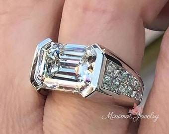 men's moissanite ring men's wedding band 3 CT emerald cut bezel set men's wedding ring iced out hip hop ring solitaire men's ring men's gift