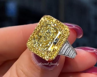 8 CT canary yellow radiant cut engagement ring, large fancy yellow moissanite ring, big celebrity Halo ring, diamond cocktail statement ring