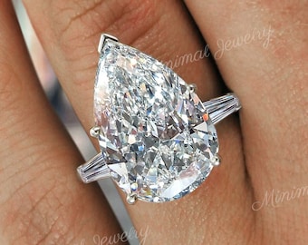10 CT pear shaped engagement ring,moissanite three stone ring,unique large pear cut engagement ring,white gold diamond wedding ring,women