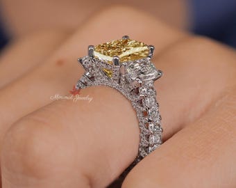 Gelber im Labor gewachsener Diamantring 3 CT Strahlender Schliff Dreistein-Verlobungsring IGI-zertifizierter Ehering Eternity Band Jubiläumsring Frauen