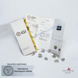 May include: A collection of diamonds of various cuts and sizes, scattered on a white surface. Accompanying the diamonds are two IGI laboratory reports and a certificate. The text "International Gemological Institute" is visible.