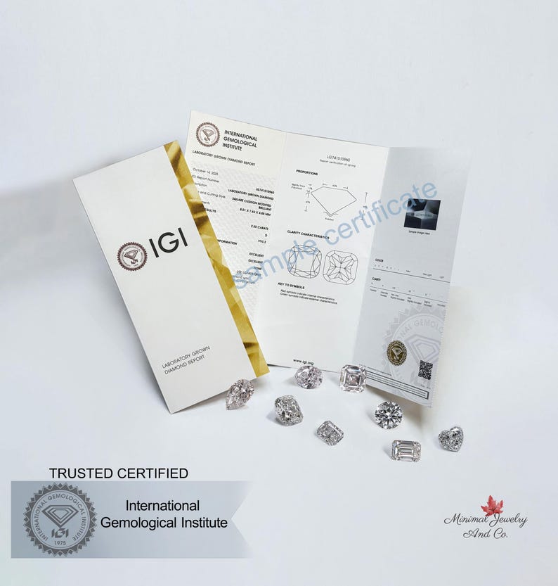 May include: A collection of diamonds of various cuts and sizes, scattered on a white surface. Accompanying the diamonds are two IGI laboratory reports and a certificate. The text "International Gemological Institute" is visible.
