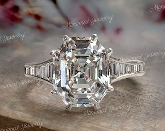 Asscher cut moissanite engagement ring 3.5 CT unique solitaire art deco thick wide band asscher cut engagement ring low profile wedding ring