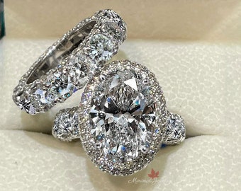 4 CT oval cut halo engagement ring,big Oval moissanite engagement ring set,celebrity style,eternity band,diamond bridal wedding ring set