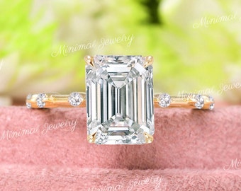 2.5 CT emerald cut moissanite engagement ring,hidden halo,unique emerald cut solitaire moissanite,pave space 18k/14k gold,wedding ring women