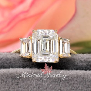 3.48 TCW Emerald Moissanite engagement ring,3 stone emerald cut ring,unique three emerald ring,trellis set moissanite three stone ring,14k