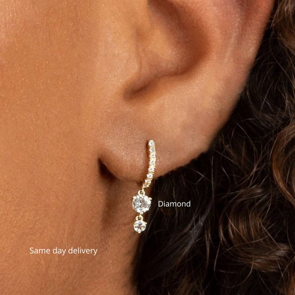 diamond huggie hoop earrings with charm,14k solid gold hoops,tiny gold hoops with diamond Drop Dangle,diamond earrings,small diamond hoops
