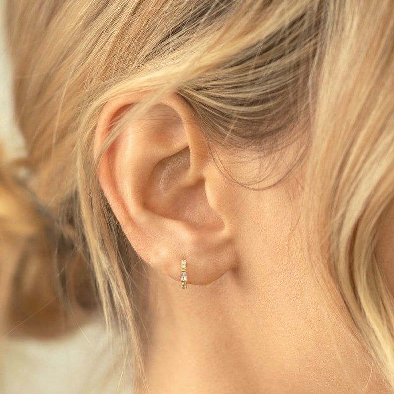 Diamond huggie earrings,14k gold cartilage hoop,huggie hoop earrings,cartilage earring,diamond huggies,diamond hoopsminitiny hoop earrings image 2