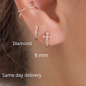 cross hoop earrings,huggie hoop earrings,14k solid gold hoops,diamond huggies,tiny,small hoop earrings•cartilage earring•cartilage hoop