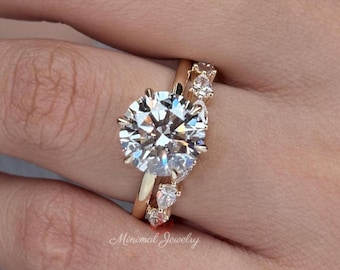 3.7CT Round Lab Grown Diamond Engagement Ring Set, Hidden Halo, Solitaire IGI certified lab diamond wedding ring for women