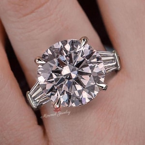 Moissanite Round cut three stone engagement ring 7 CT large Round&baguette moissanite 3 stone engagement ring wedding ring trilogy ring