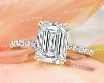 2.5CT Emerald moissanite engagement ring,hidden halo emerald cut ring,unique emerlad solitaire ring,stacking,bridal wedding ring set,propose