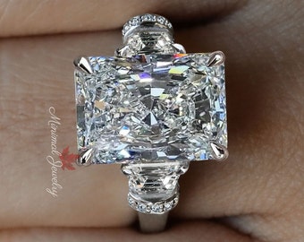 Radiant cut moissanite engagement ring 8 CT Three stone radiant cut engagement ring hidden halo Trapezoid&radiant wedding ring trilogy ring