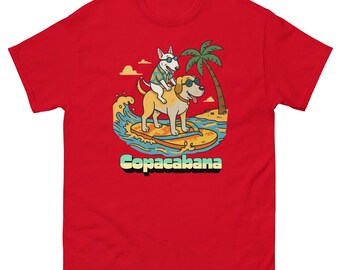 Copacabana Surf Dogs Bull Terrier and Labrador T-Shirt — Funny Brazilian Beach Dog Gift