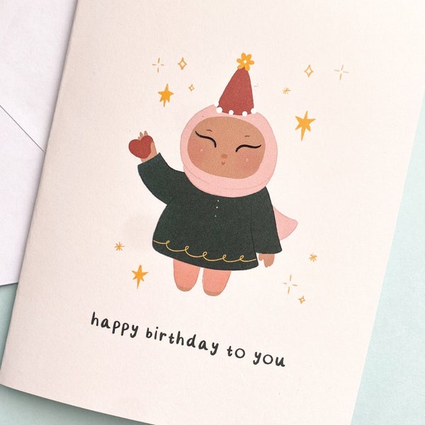 Card - Happy Birthday, Hijabi Birthday Card,Cute Hijabi Greeting Card,Muslim Greeting Card,Cute Hijabi Greeting Card, Muslim Birthday Card