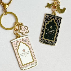 Keychain - With Hardship Comes Ease Pink and Black Gold Plated Enamel Keychain with Charms and Lobster Hook and Keyring