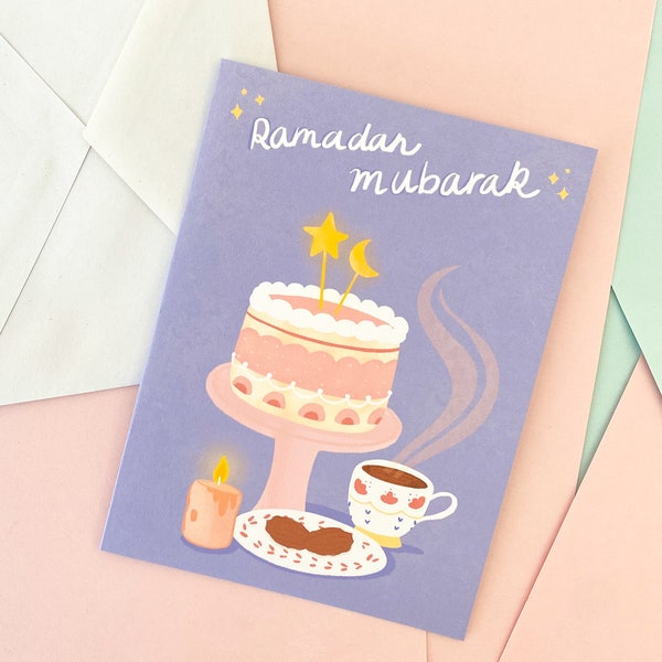 Ramadan Mubarak Card - Iftar Ramadan Card with Strawberry Cake, Chai, Dates, and a Glowing Candle