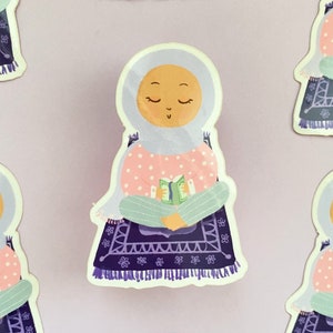 Sticker - Glossy Hijabi on Prayer Mat Sticker, Hijabi Reading Quran Sticker, Prayer Rug Sticker, Cute Hijabi Sticker,Cute Prayer Rug Sticker