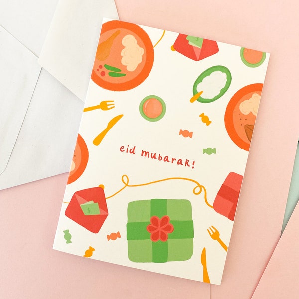 Card - Eid Mubarak Card with Food, Eid Lunch Dinner Card, Happy Eid Greeting Card