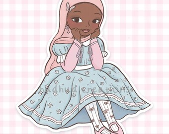 Sticker - Lolita Hijabi Sticky, Black Hijabi Girl Coquette Vintage Styled Dress Sticker Cutesy Girly Hijabi