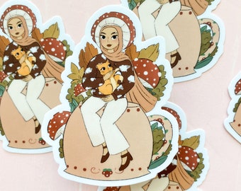 Sticker - Mushroom Hijabi, Glossy & Waterproof Cute Hijabi Sticker, Hijabi Sticker, Cottagecore Hijabi Sticker, Hijabi Fairy Sticker