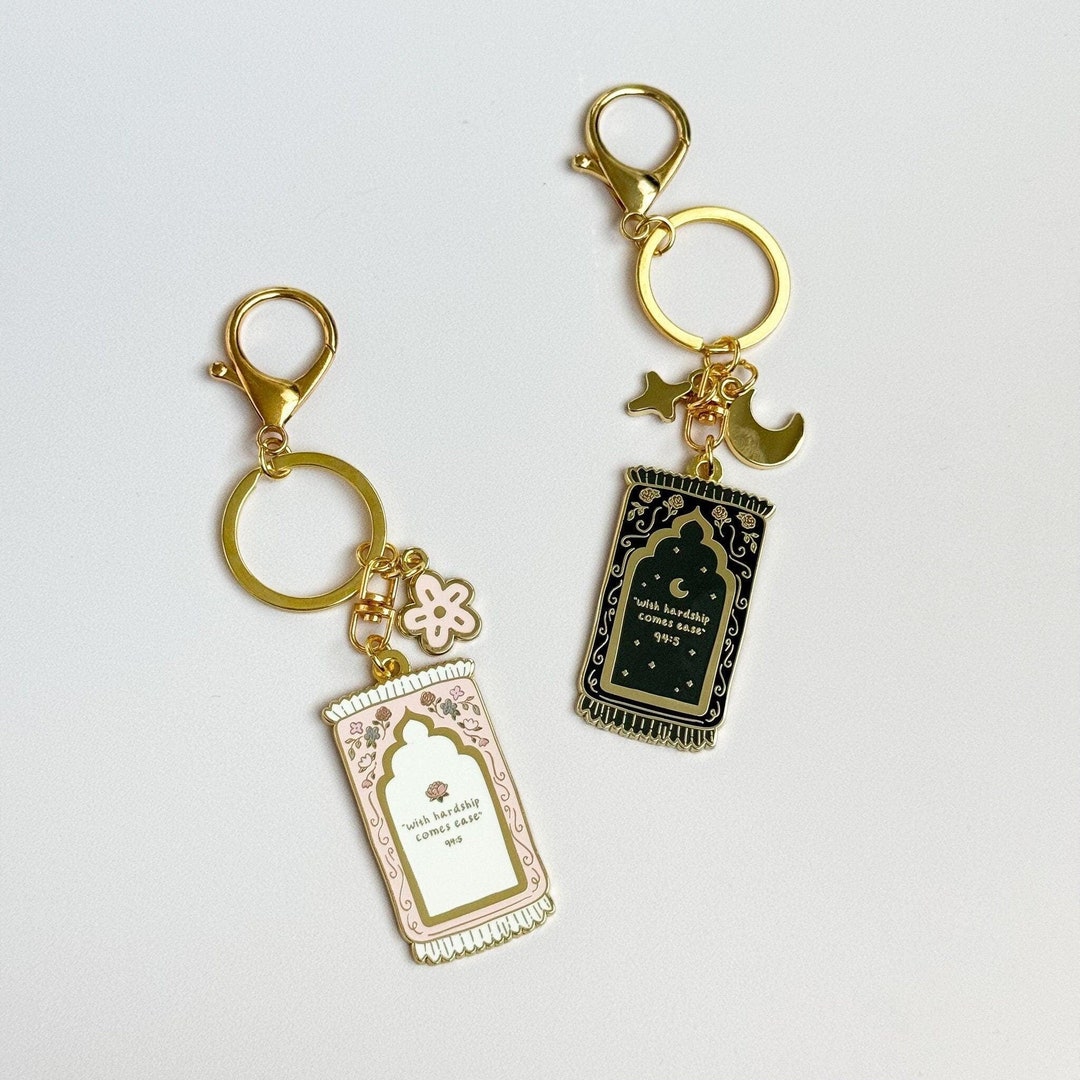 Keychain - With Hardship Comes Ease Pink and Black Gold Plated