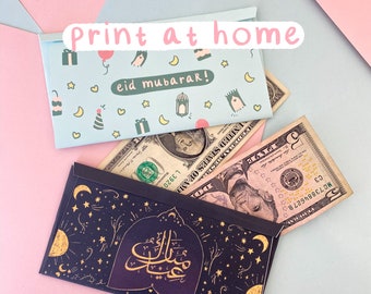 May include: Two printable envelopes with a festive Eid Mubarak design. The blue envelope has a whimsical design with stars, moons, and a lantern. The black envelope has a more traditional design with gold Arabic calligraphy and stars. Both envelopes are ready to be printed at home.