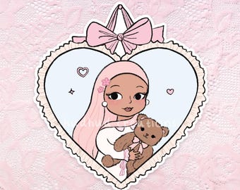 Sticker - Hijabi Sweetheart Sticker, Framed Heart Sticker with Ribbon & Teddy, Hijabi and Teddy Sticker, Coquette Styled Hijabi Sticker