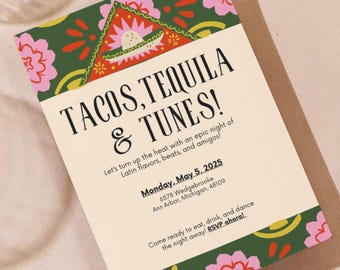 TACOS, TEQUILA & TUNES Party Invitation - Fiesta Invitation, Fun Latin-Themed Party, Digital Download