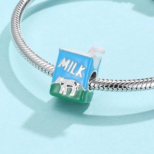 Milk carton charm, milk drink charm, 100% real sterling silver s925 enamel charm for european bracelets, necklace pendant
