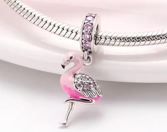 Sterling silver charm, flamingo charm, flamingo bracelet enamel charm, flamingo necklace pendant, silver jewelry, silver keychain, bag charm