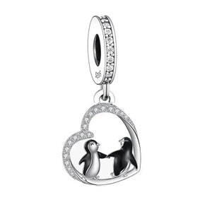 Cute penguin charm, animal penguin sparkling heart charm, 100% real sterling silver s925 charm for european bracelets, necklace pendant