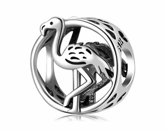 Sterling silver charm, flamingo charm, flamingo bracelet enamel charm, flamingo necklace pendant, silver jewelry, silver keychain, bag charm