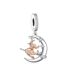 Charme de sorcière d'Halloween, breloque sorcière volante et chat sur balai, breloque s925 en argent sterling 100 % véritable pour bracelets européens, collier pendentif bricolage