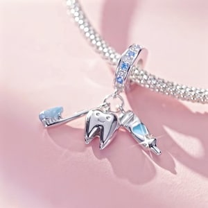 Sterling silver charm, dentist bracelet enamel charm, silver tooth necklace pendant, dentist jewelry, dental keychain, dental bag charm