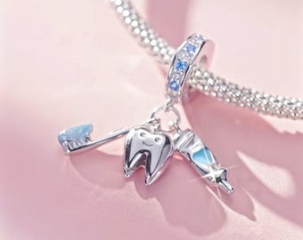 Sterling silver charm, dentist bracelet enamel charm, silver tooth necklace pendant, dentist jewelry, dental keychain, dental bag charm
