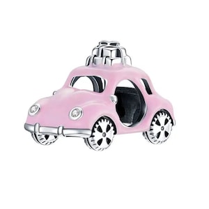 Pink car charm, retro car charm, 100% real sterling silver s925 enamel charm for european bracelets, necklace pendant