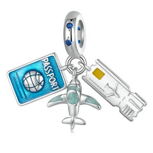 Travel around the world charm, airplane ticket passport charm, sterling silver s925 enamel charm for european bracelets, necklace pendant