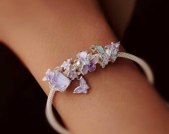 Sterling silver Romantic purple iris flower charm serie, original s925 gemstones enamel charm hole 4.5mm for bracelet, necklace pendant