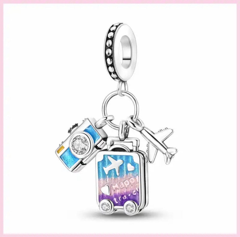 Charms for Pandora Bracelet, Pink Daisy Suitcase Charm, 925 Sterling  Silver, Enamel 