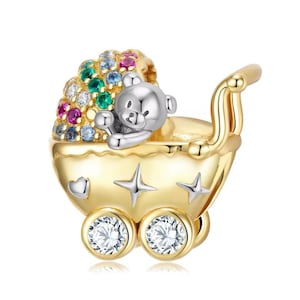 Bedeltje knuffelbeer kinderwagen, sprankelende regenboogkarretje, 100% echt sterlingzilver 925 cz bedel voor europese armband, kettinghanger