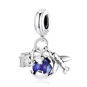 Travel around the world charm, airplane globe camera charm, real sterling silver s925 enamel charm for european bracelets, necklace pendant