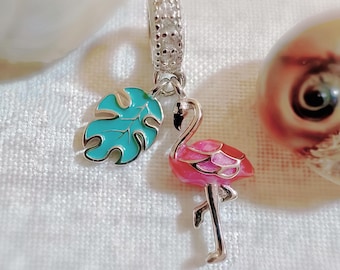 Sterling silver charm, flamingo charm, flamingo bracelet enamel charm, flamingo necklace pendant, silver jewelry, silver keychain, bag charm