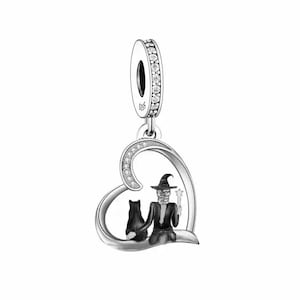 Charm coeur de sorcière d'Halloween, breloque sorcière et chat, breloque 100% argent sterling véritable s925 cz pour bracelets européens, collier pendentif bricolage