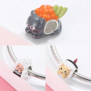 Japan food charm, cat sushi rice ball charm, cartoon cat charm, 100% sterling silver enamel charms for european bracelets, necklace pendants